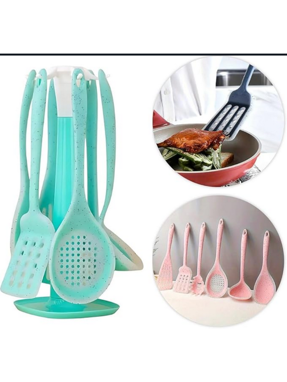 Kit 7 Peças Utensílios Cozinha Silicone Resistente Durável Cor:Verde Água