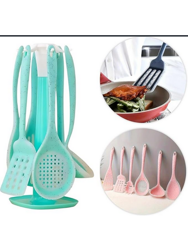 Kit 7 Peças Utensílios Cozinha Silicone Resistente Durável Cor:Verde Água