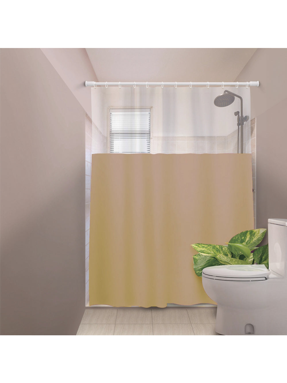 Cortina De Box Banheiro PVC Com Visor Liso 138X198cm Cor:Bege