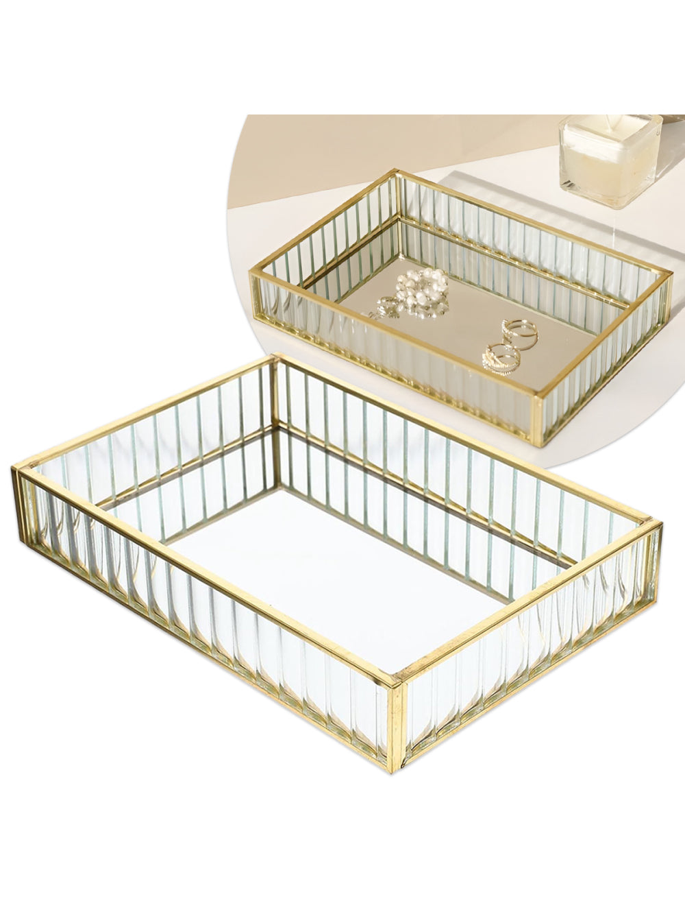 Bandeja Vidro Metal Dourado Porta Objetos Maquiagem 20x15cm