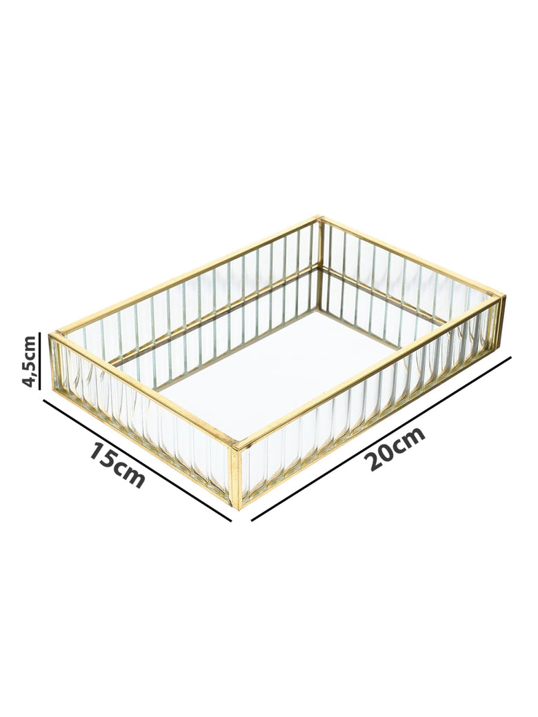 Bandeja Vidro Metal Dourado Porta Objetos Maquiagem 20x15cm