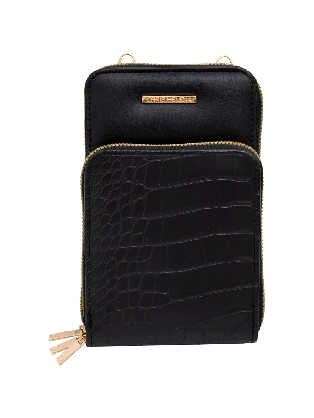 Bolsa Carteira Feminina Com Alça Textura Croco Cor:Preto
