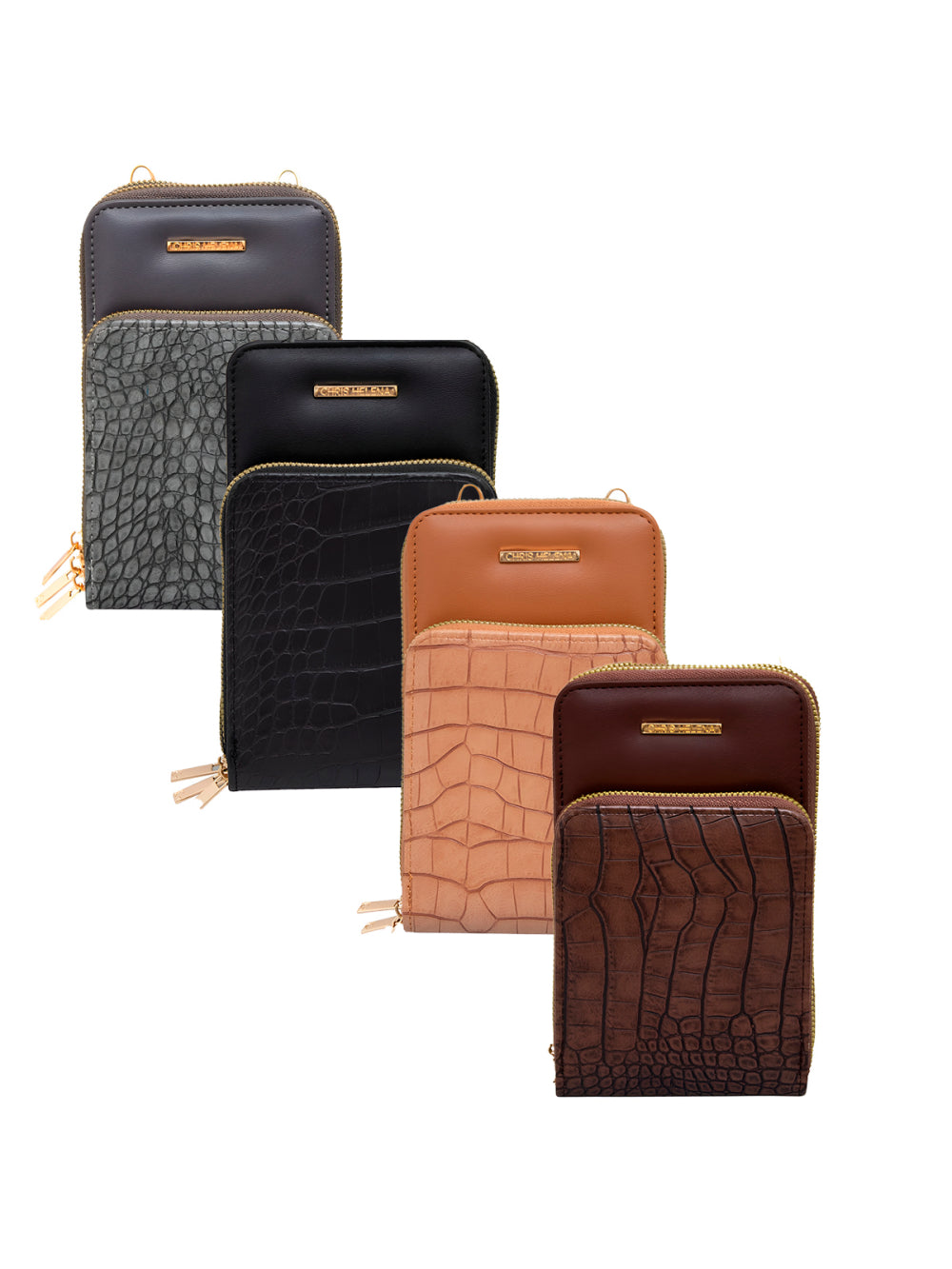 Bolsa Carteira Feminina Com Alça Textura Croco Cor:Preto