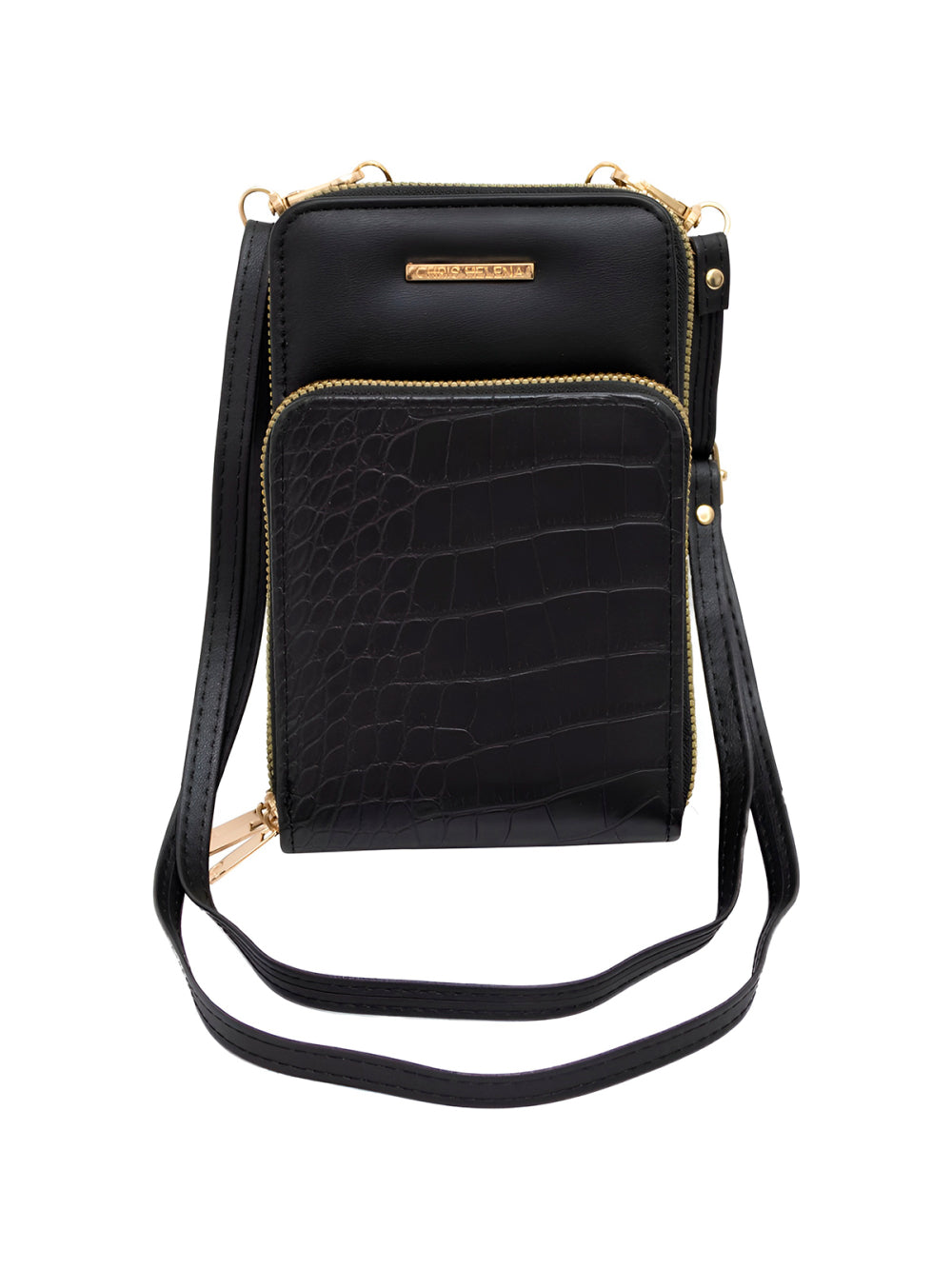Bolsa Carteira Feminina Com Alça Textura Croco Cor:Preto