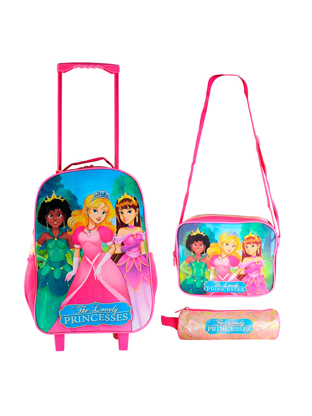 Conjunto Mochila Escolar Infantil Princesas de Rodinhas Cor:Rosa
