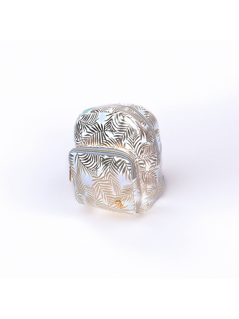 Mochila de Costas Feminina Brilhosa Folhas Passeio Cor:Branco