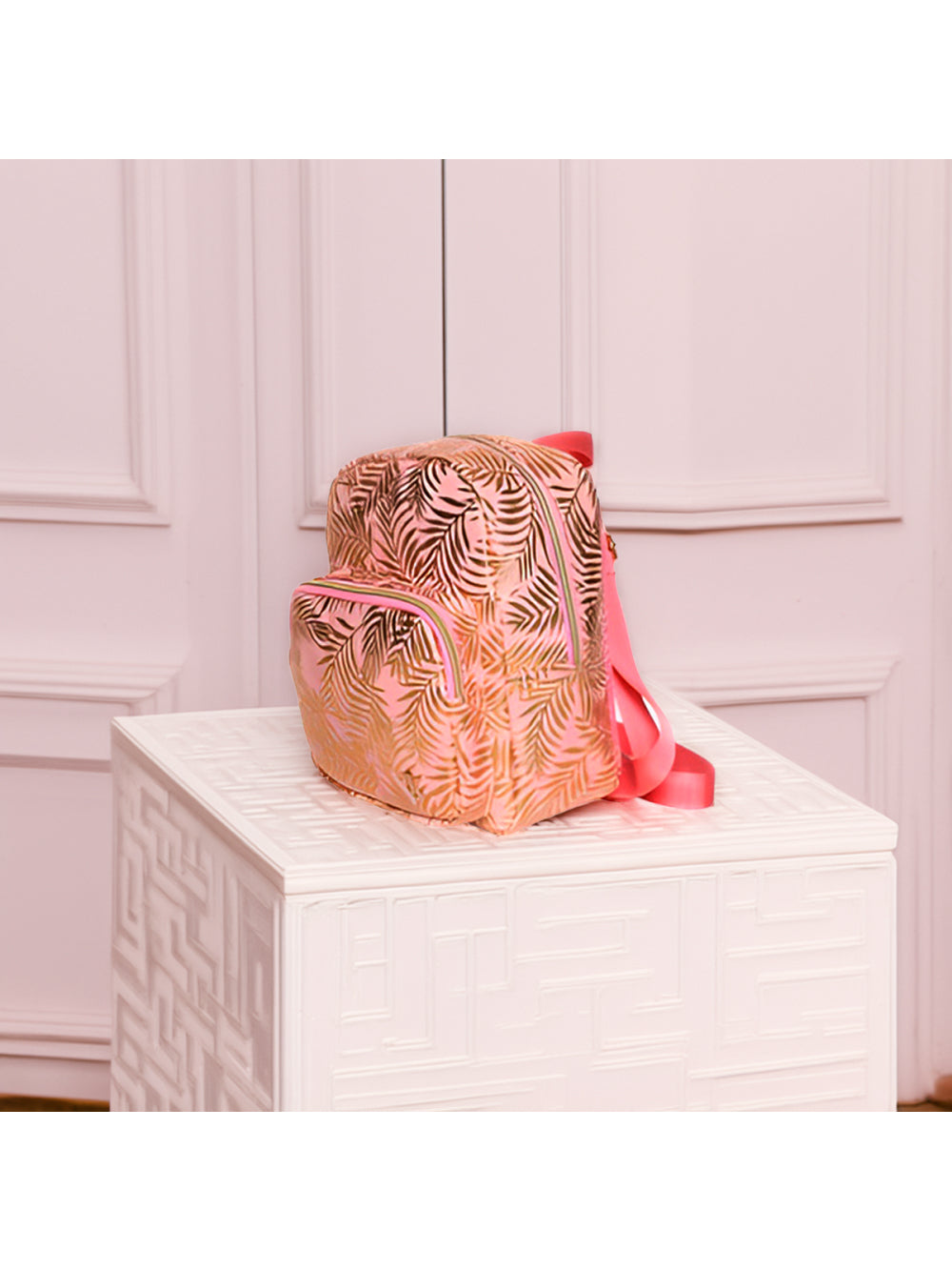 Mochila de Costas Feminina Brilhosa Folhas Passeio Cor:Rosa