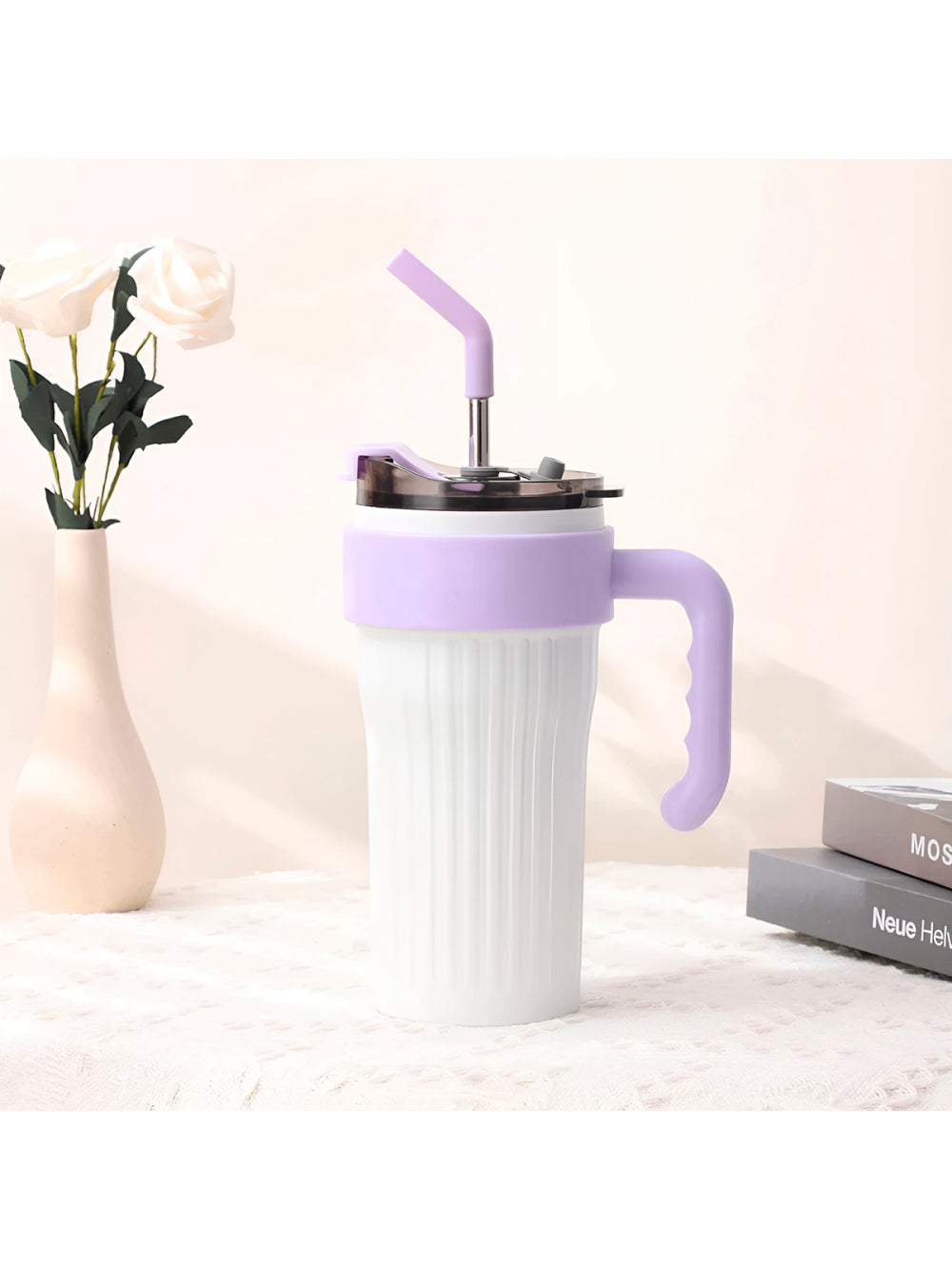 Copo Caneca Térmico com Tampa Canudo Alça Inox Cor:Branco