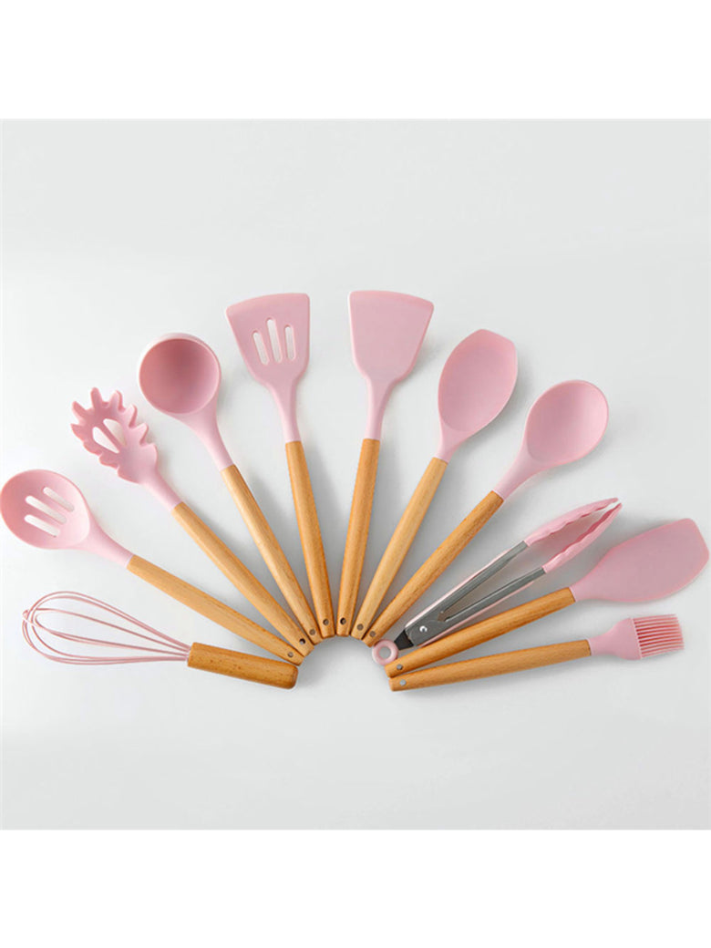 Kit 12 Peças Utensilios de Cozinha Colher Espatula Fue Pincel Cor:Rosa