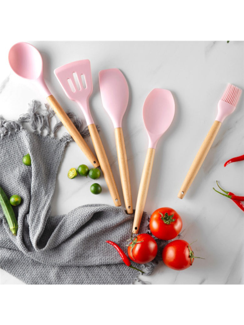 Kit 12 Peças Utensilios de Cozinha Colher Espatula Fue Pincel Cor:Rosa