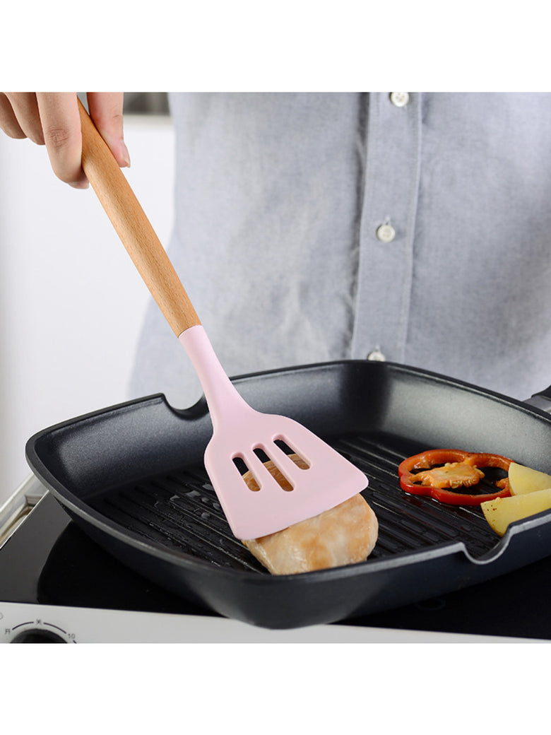 Kit 12 Peças Utensilios de Cozinha Colher Espatula Fue Pincel Cor:Rosa