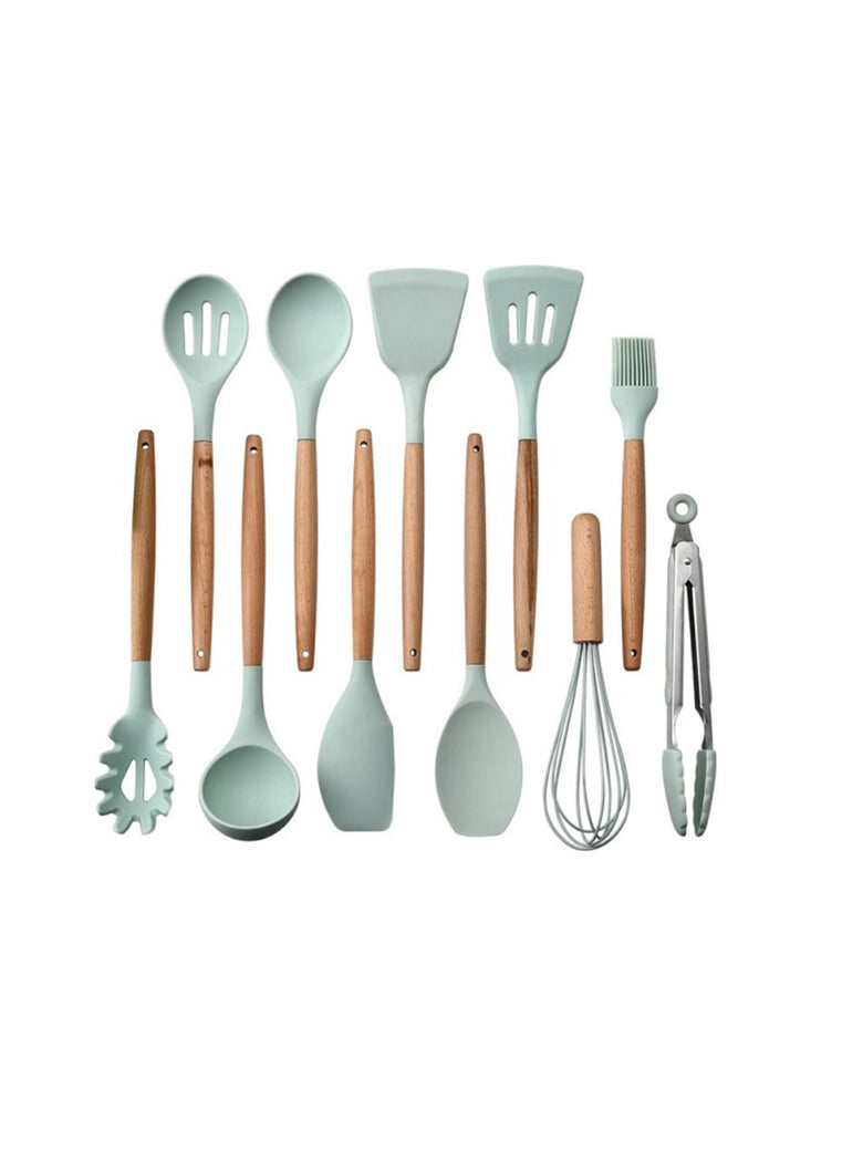 Kit 12 Peças Utensilios de Cozinha Colher Espatula Fue Pincel Cor:Verde