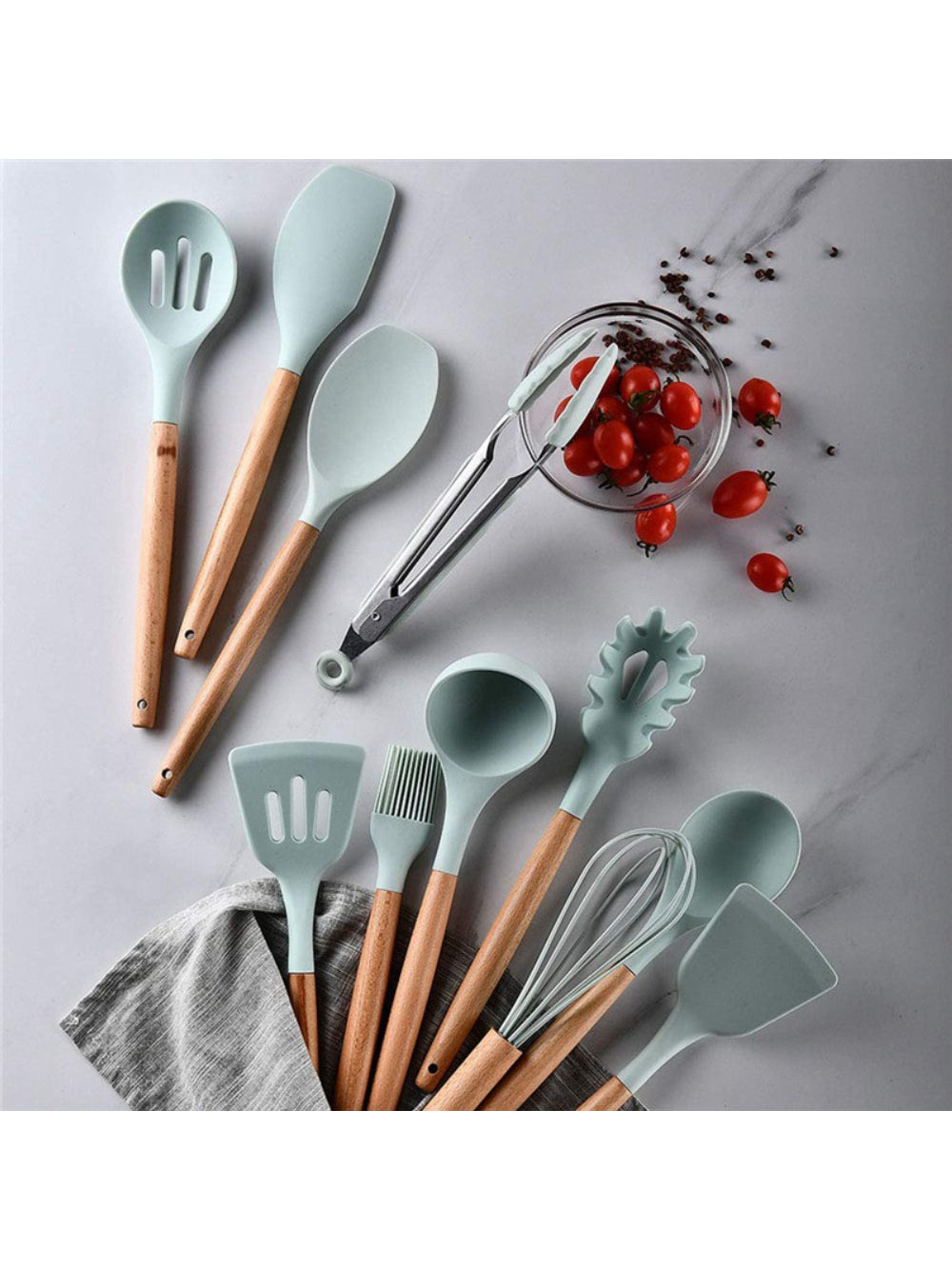 Kit 12 Peças Utensilios de Cozinha Colher Espatula Fue Pincel Cor:Verde