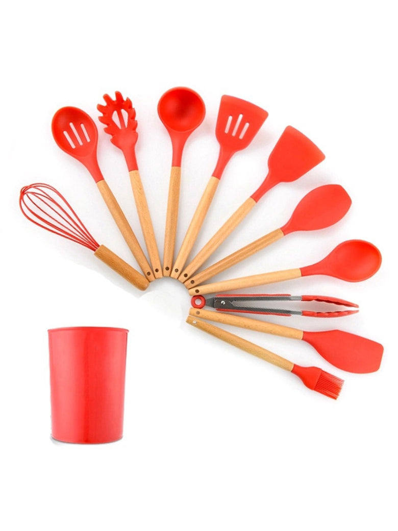 Kit 12 Peças Utensilios de Cozinha Colher Espatula Fue Pincel Cor:Vermelho