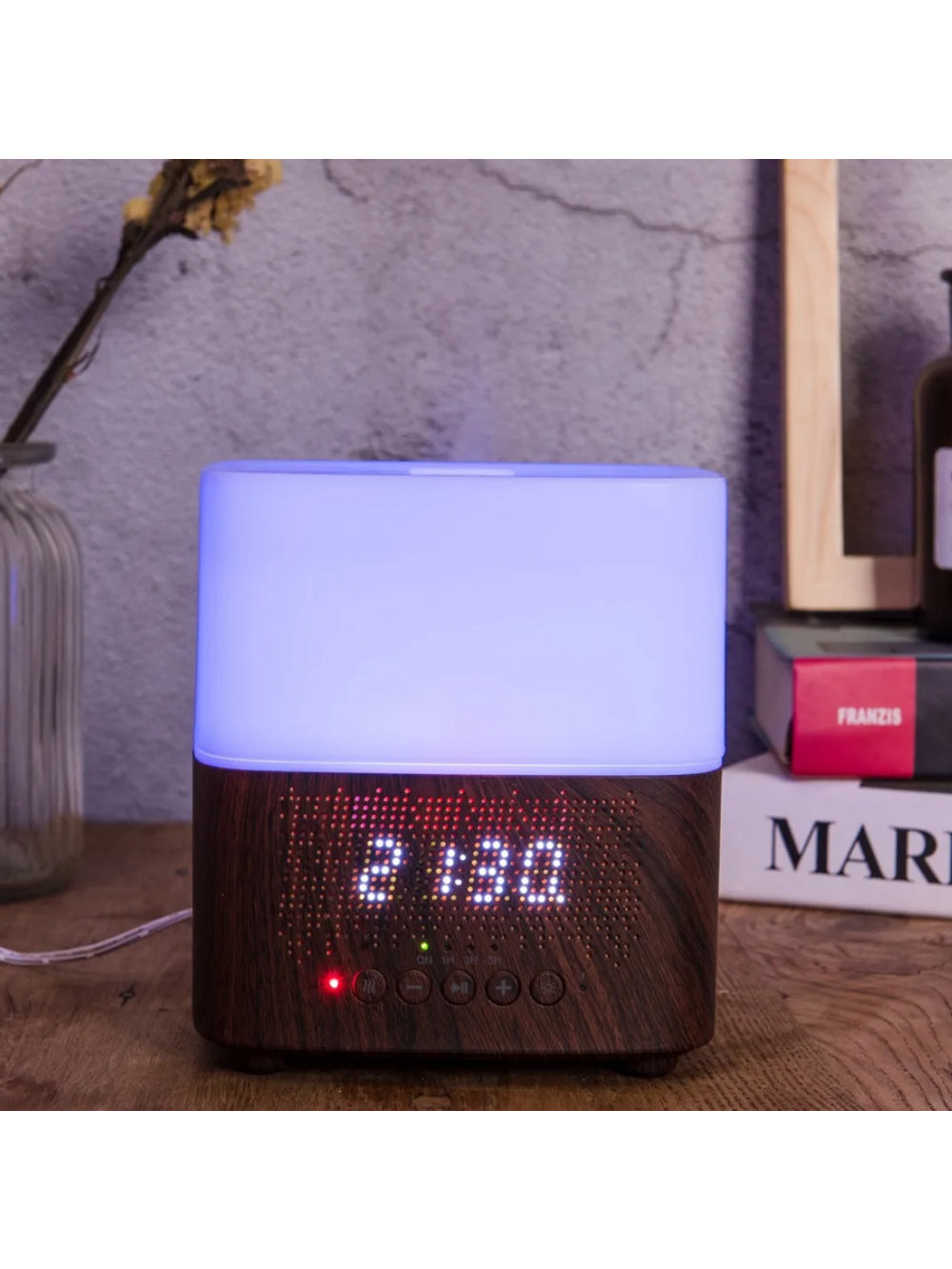 Umidificador E Difusor Aromatizador Som Bluetooth Relogio Cor:Mogno