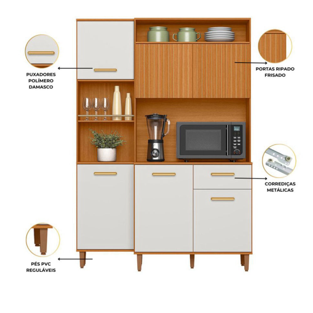 Kit Cozinha July 6 Portas 1 Gaveta Poliman Móveis - Freijo/off acetinado/ripado frisado