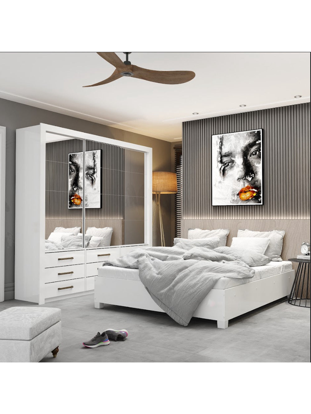 Quarto Completo Casal Anjos Premium e Cama de Casal Carioca Móveis - Branco