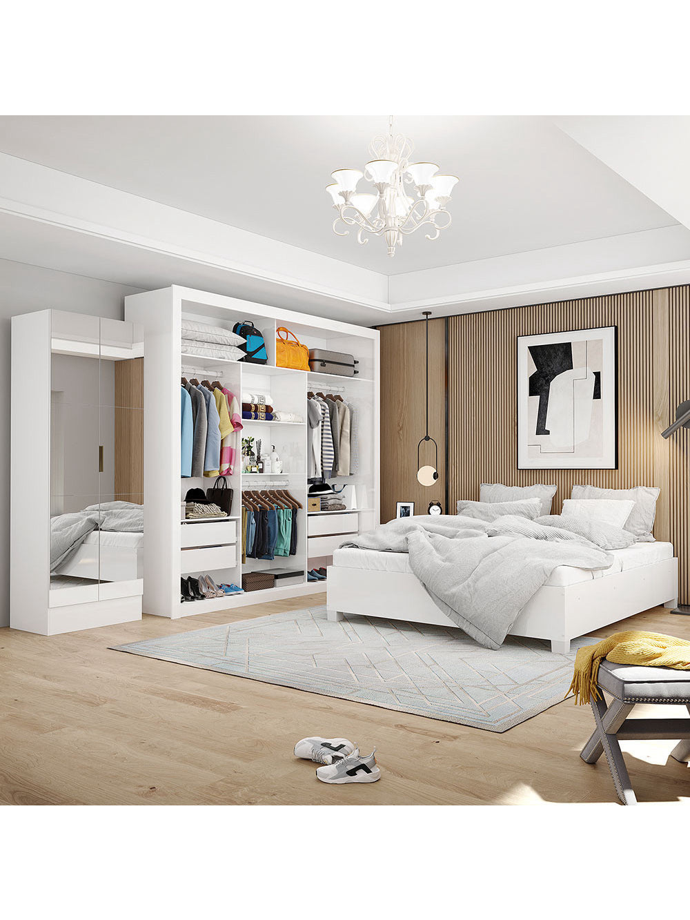 Quarto Completo Casal Closet Clarice 4 Gavetas Sapateira 2 Portas Premium e Cama Carioca Móveis - Branco