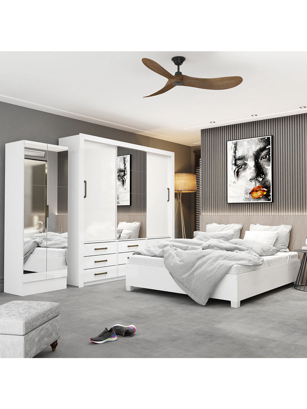 Quarto Completo Casal Anjos Plus Sapateira 2 Portas Premium e Cama Carioca Móveis - Branco