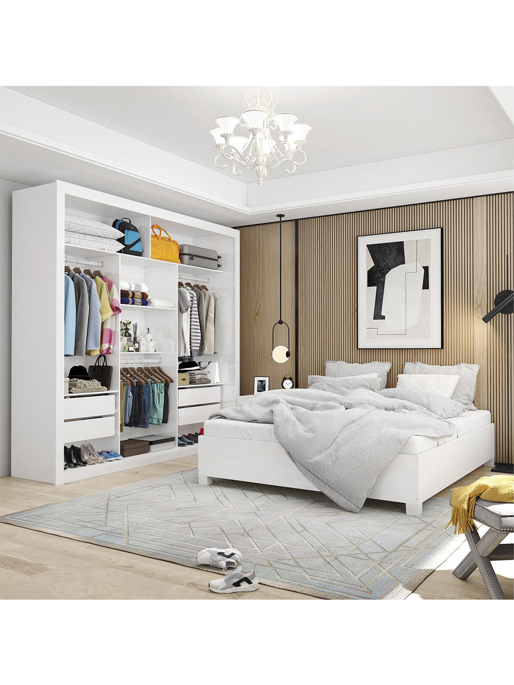 Quarto Completo de Casal com Closet Clarice 4 Gavetas e Cama Paula Carioca Móveis - Branco