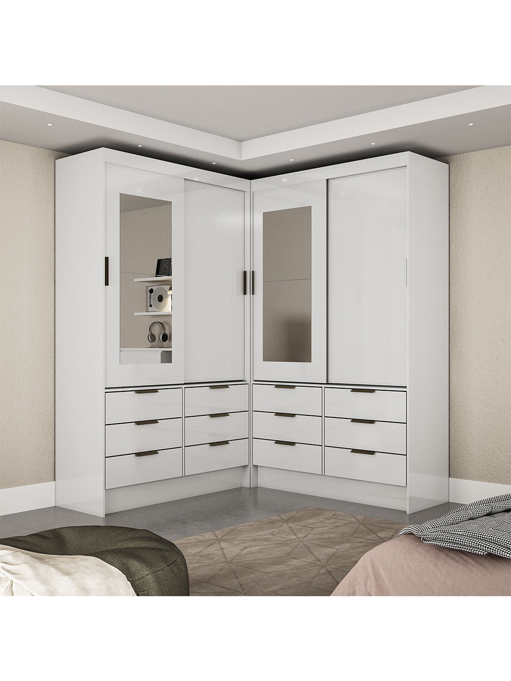 Closet Casal Duplo Sevilha 4 Portas com Espelho 12 Gavetas Carioca Móveis - Branco