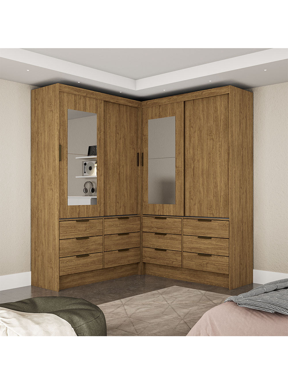 Closet Casal Duplo Sevilha 4 Portas com Espelho 12 Gavetas Carioca Móveis - Cinamomo