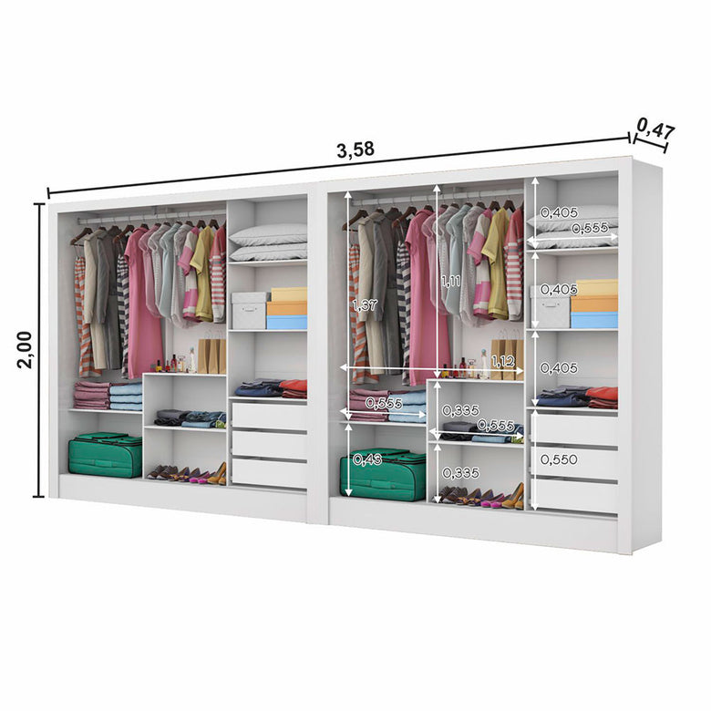 Closet Casal Duplo Dubai 6 Portas com Espelho 6 Gavetas