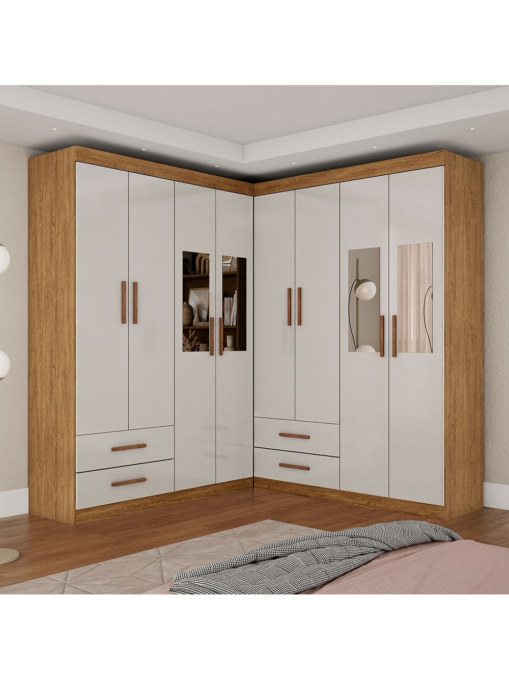 Closet Casal Duplo Lu 8 Portas 4 Gavetas Com Espelho - Cinamomo com Off White