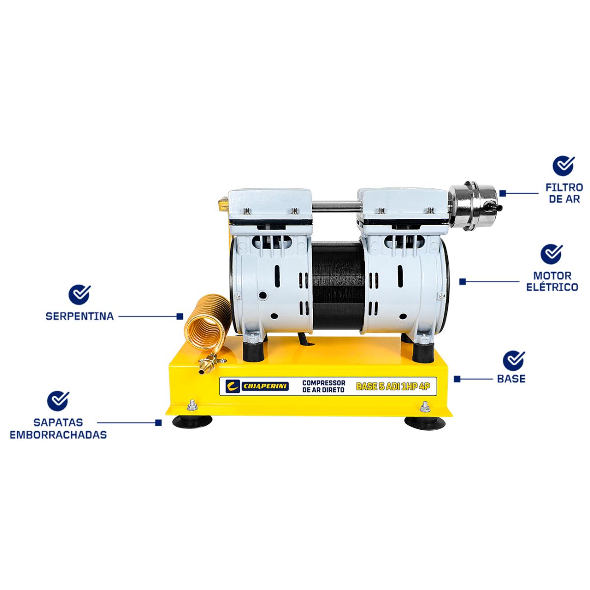 Compressor Chiaperini 5 ADI Ar Direto 120 Libras 1 cv 220v Isento de Óleo Sobre Base