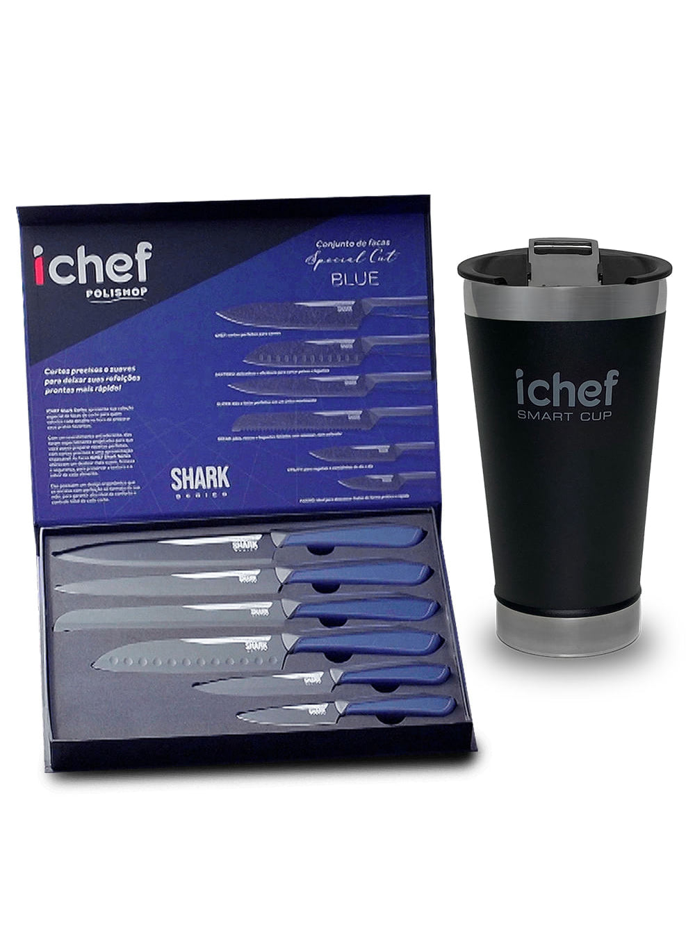 Conjunto de Facas Special Cut Blue Duo e Copo Térmico Com Tampa Smart Cup 600ml Ichef - Preto