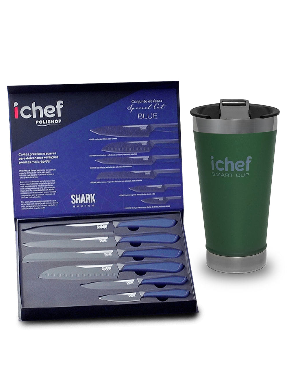 Conjunto de Facas Special Cut Blue Duo e Copo Térmico Com Tampa Smart Cup 600ml Ichef - Verde