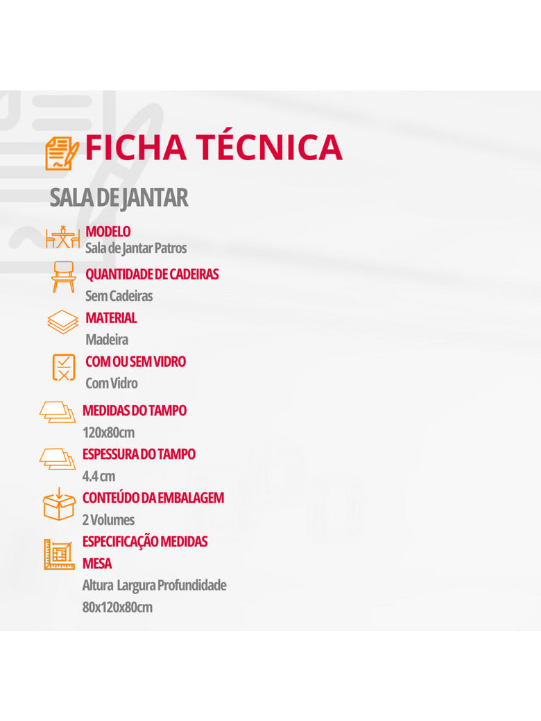 Mesa para Sala de Jantar Patros 120cm Madeira com Vidro Moderna Mobília