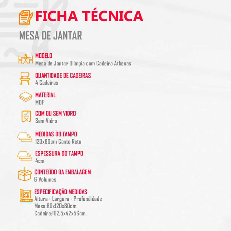 Conjunto Sala de Jantar Mesa Olimpia 120 Cm em MDF e 4 Cadeiras Athenas