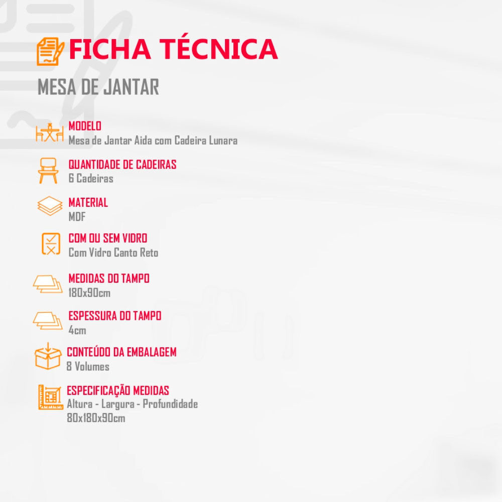 Conjunto Sala de Jantar Mesa Aida 180 cm com Vidro e 6 Cadeiras Lunara