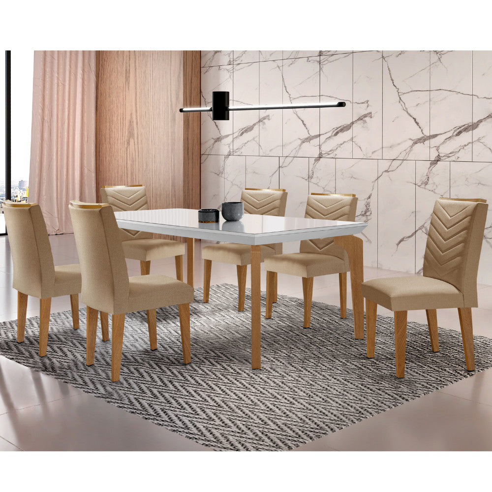 Conjunto Sala de Jantar Mesa Liz 180 cm com Vidro e 6 Cadeiras Liz - Turim/Off White/Imbuia/Serig. Off White