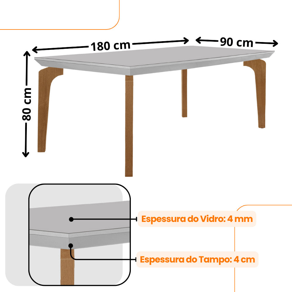 Conjunto Sala de Jantar Mesa Liz 180 cm com Vidro e 6 Cadeiras Liz