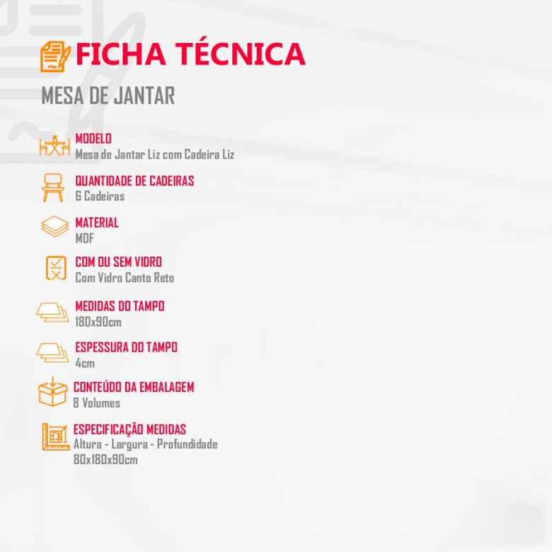 Conjunto Sala de Jantar Mesa Liz 180 cm com Vidro e 6 Cadeiras Liz