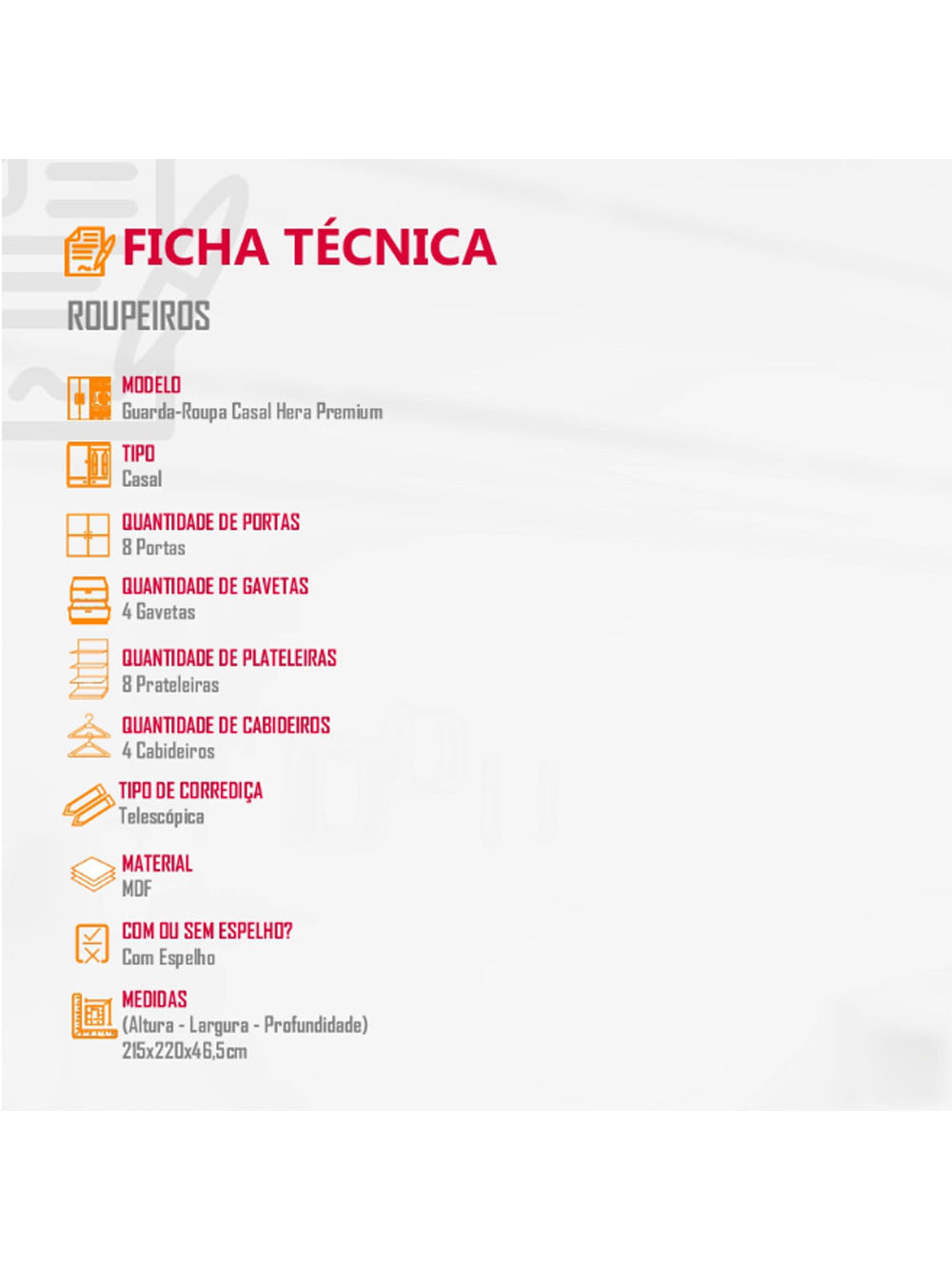 Guarda Roupa Casal Hera Premium com Espelho 8 Portas e 4 Gavetas MDF Moderna