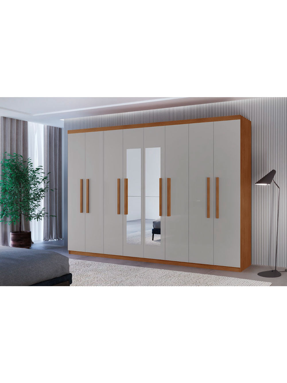 Guarda Roupa Casal Hera Premium com Espelho 8 Portas e 4 Gavetas MDF Moderna - Naturalle/Off White