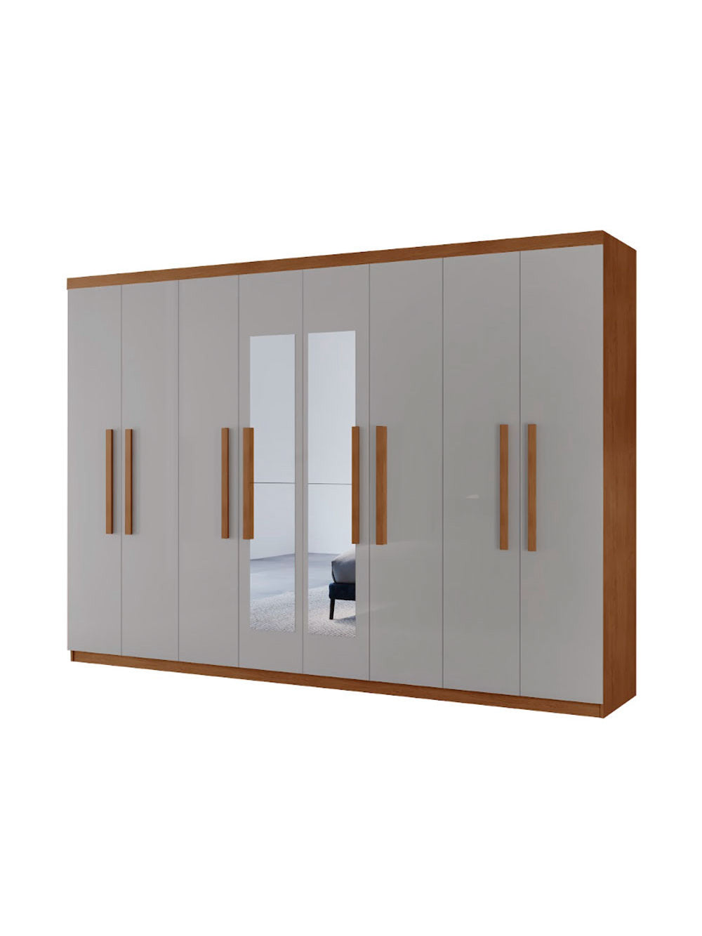 Guarda Roupa Casal Hera Premium com Espelho 8 Portas e 4 Gavetas MDF Moderna - Naturalle/Off White