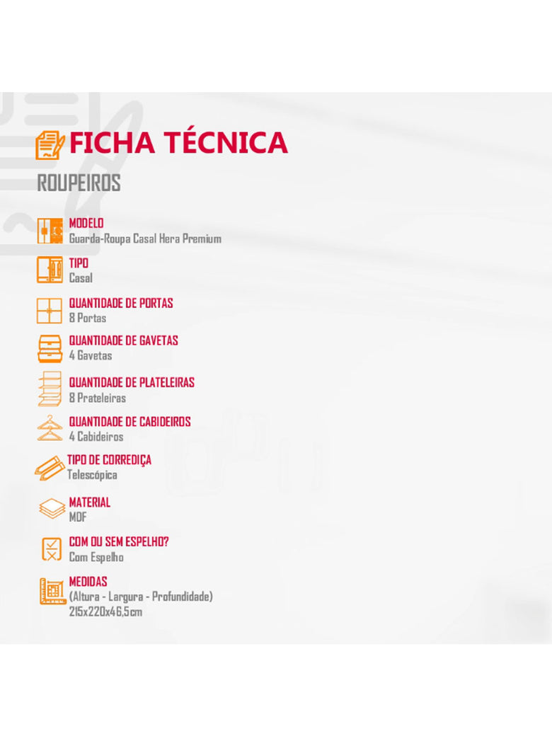 Guarda Roupa Casal Hera Premium com Espelho 8 Portas e 4 Gavetas MDF Moderna
