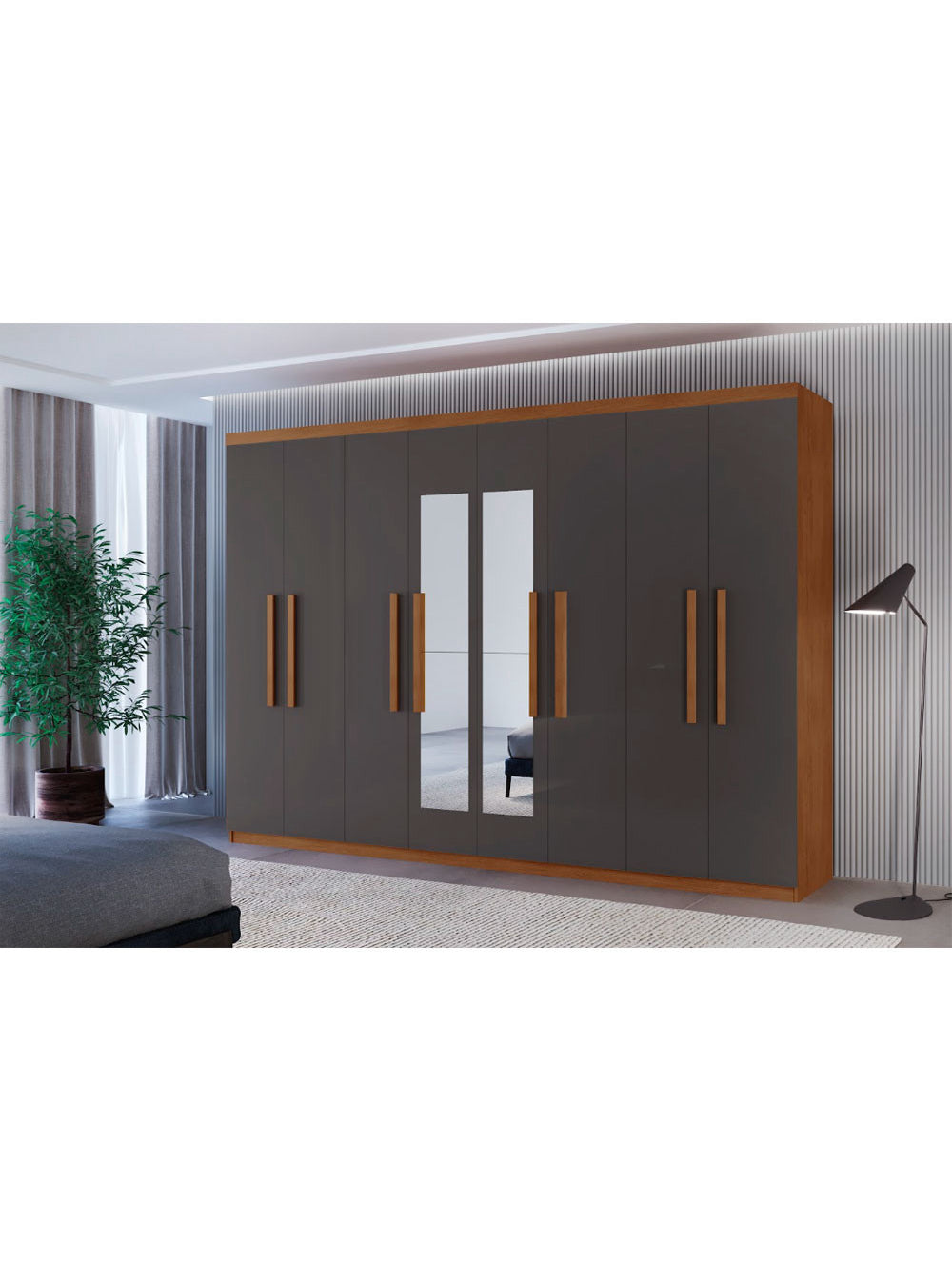 Guarda Roupa Casal Hera Premium com Espelho 8 Portas e 4 Gavetas MDF Moderna - Naturalle Grafite