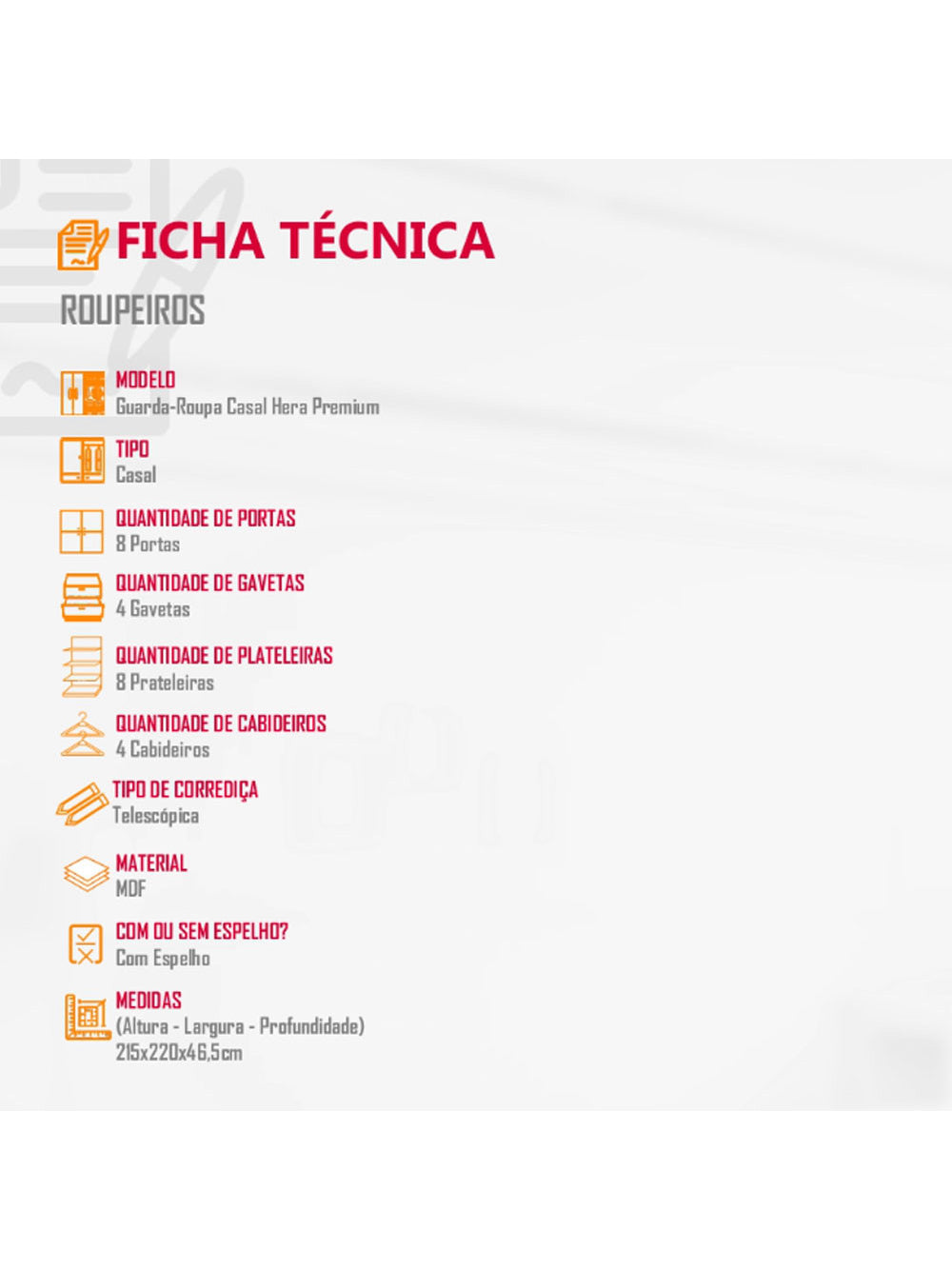 Guarda Roupa Casal Hera Premium com Espelho 8 Portas e 4 Gavetas MDF Moderna