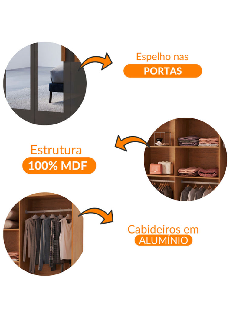 Guarda Roupa Casal Hera Premium com Espelho 8 Portas e 4 Gavetas MDF Moderna
