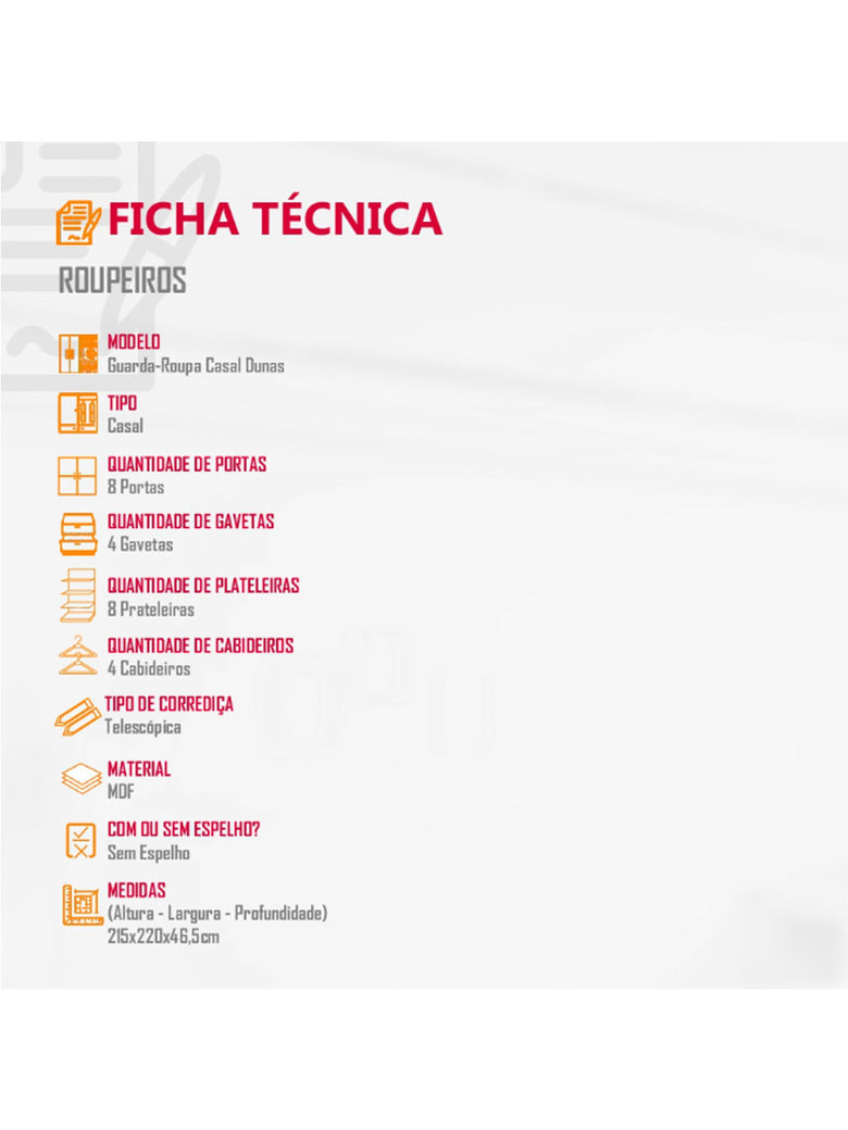 Guarda Roupa Casal Dunas com 8 Portas e 4 Gavetas MDF Moderna
