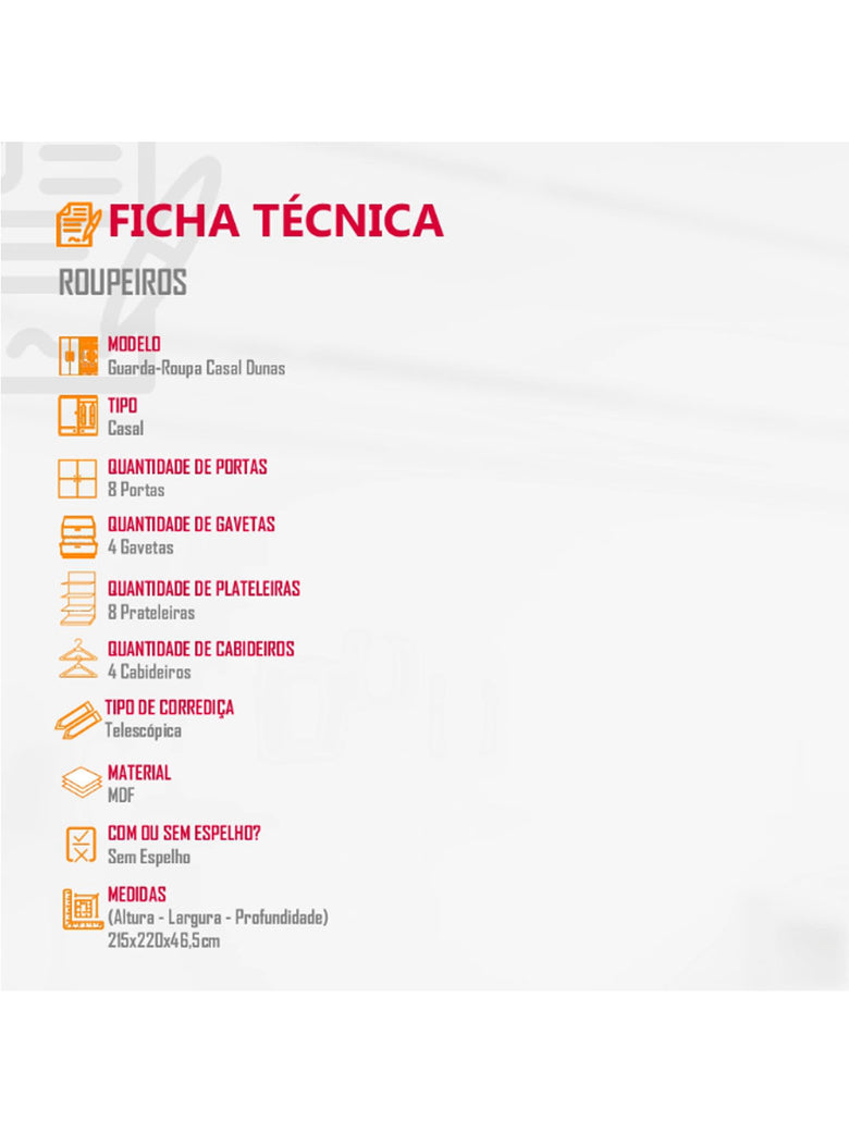 Guarda Roupa Casal Dunas com 8 Portas e 4 Gavetas MDF Moderna