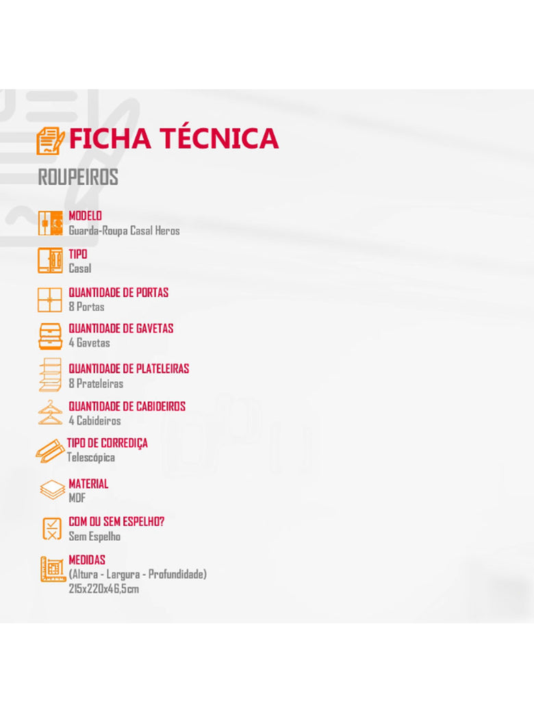 Guarda Roupa Casal Heros com 8 Portas e 4 Gavetas MDF Moderna