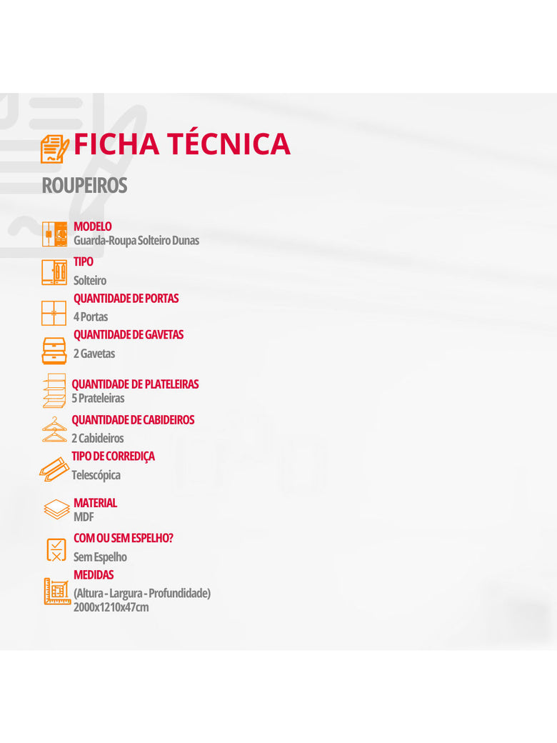 Guarda Roupa Solteiro Dunas MDF 4 Portas e 2 Gavetas Moderna