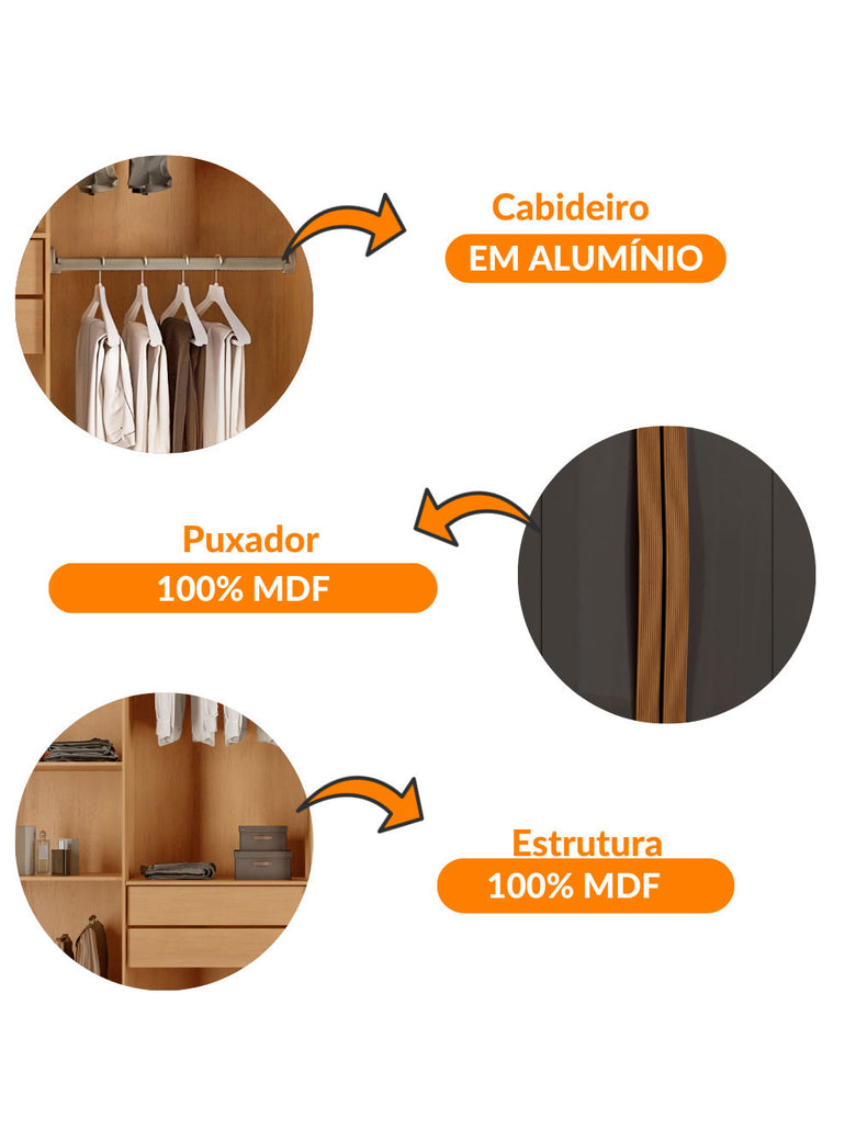 Guarda Roupa Solteiro Dunas MDF 4 Portas e 2 Gavetas Moderna