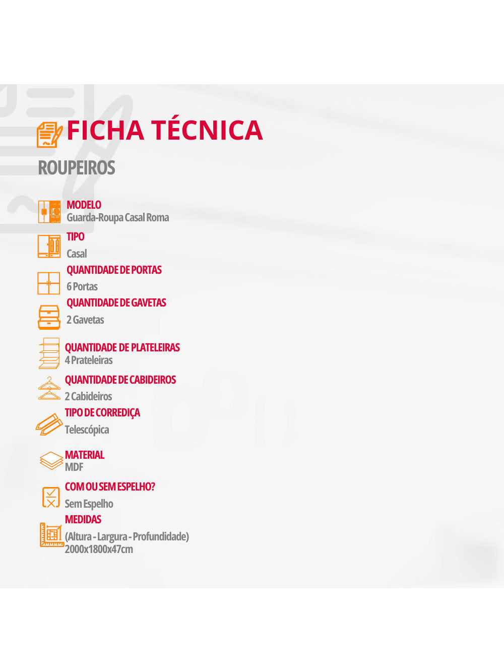 Guarda Roupa Casal Roma MDF 6 Portas e 2 Gavetas Moderna